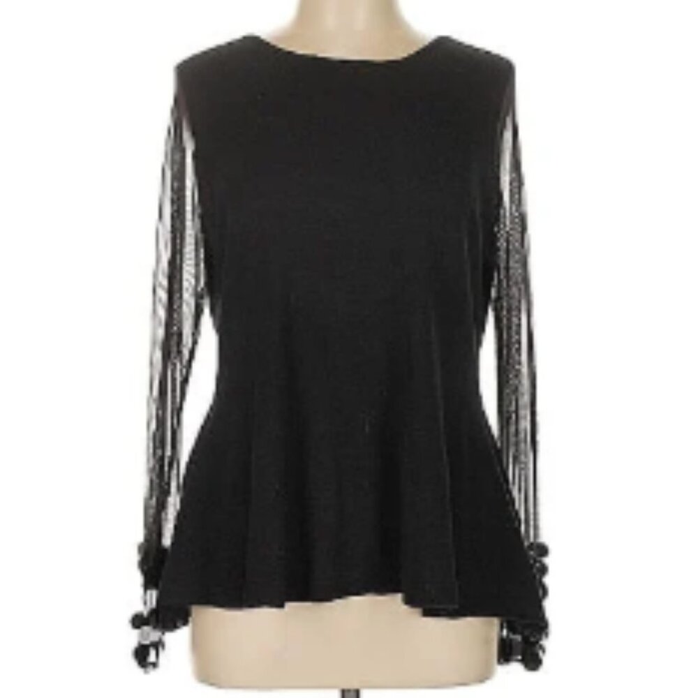 Black Knit Top with Mesh Long Sleeve with Sequins